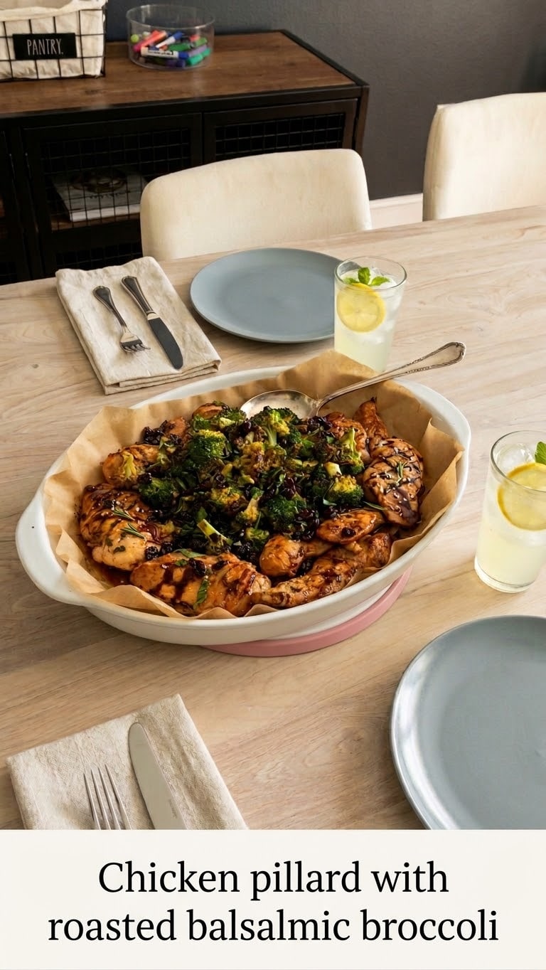 Chicken pillard with roasted balsamic broccoli