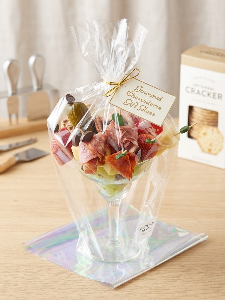 Gourmet charcuterie gift glass prepared by The Shared Spatula