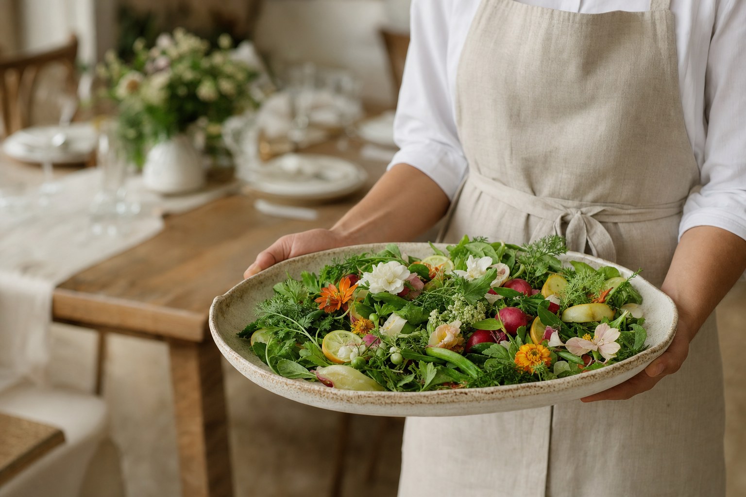 Host carrying a platter of seasonal greens