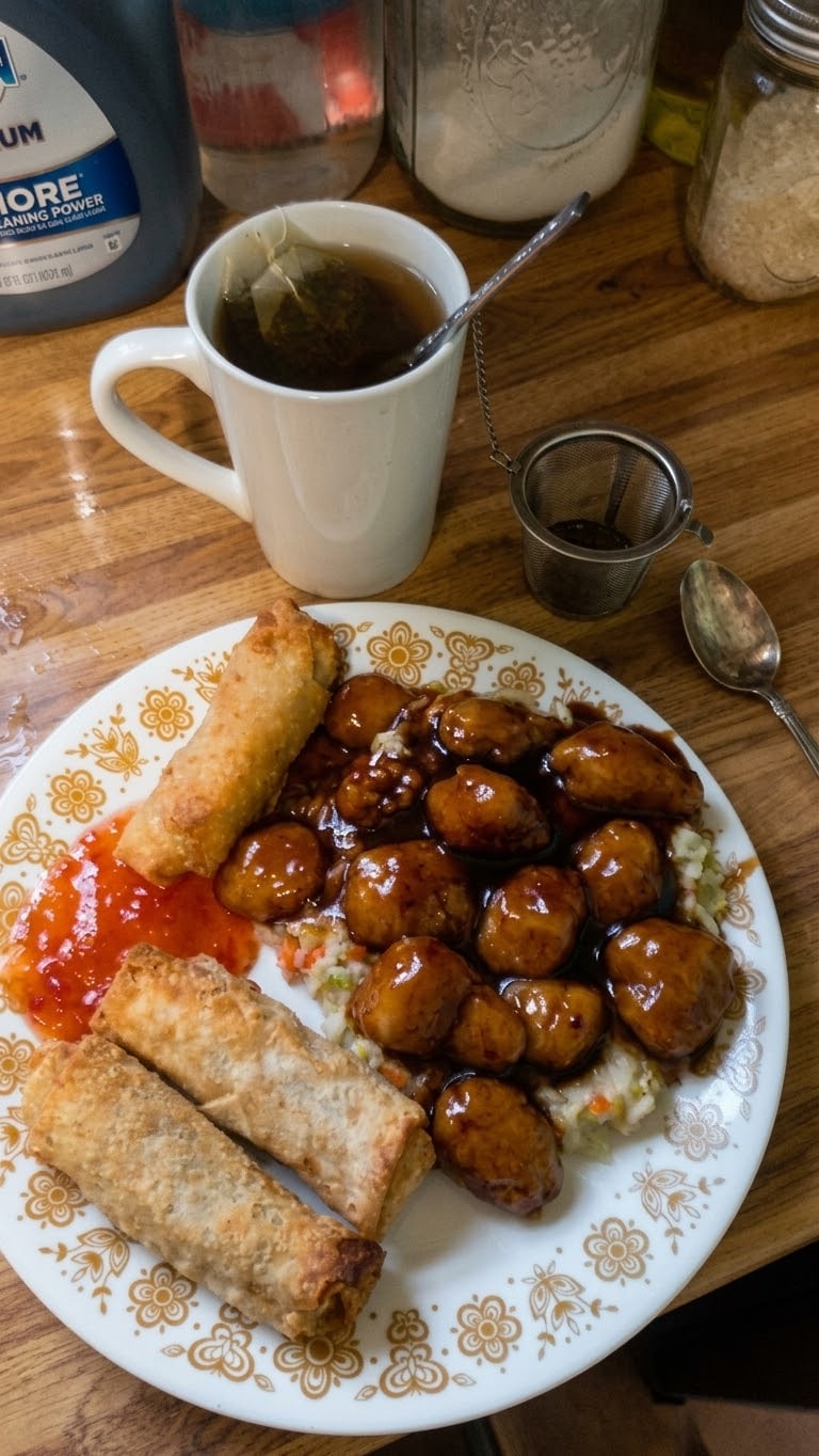 Sweet and sour chicken with egg rolls