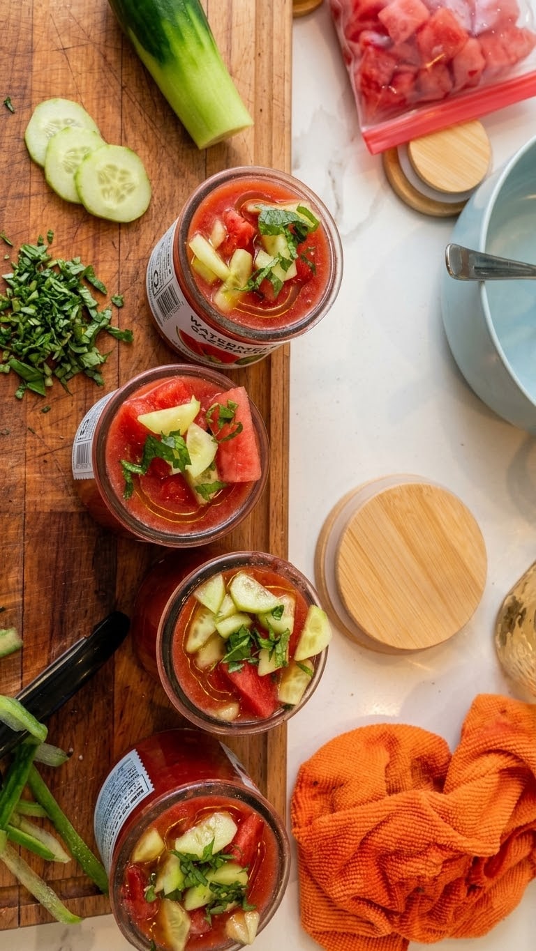 Watermelon cucumber gazpacho prepared in jars