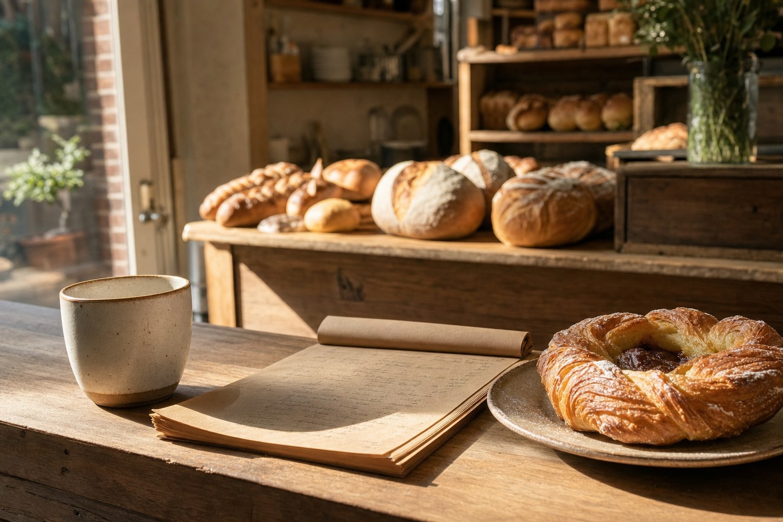 Warm morning light across a bakery counter with a pastry and coffee cup