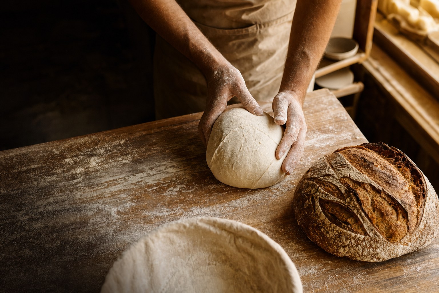 Flour-dusted hands shaping sourdough dough beside a finished loaf