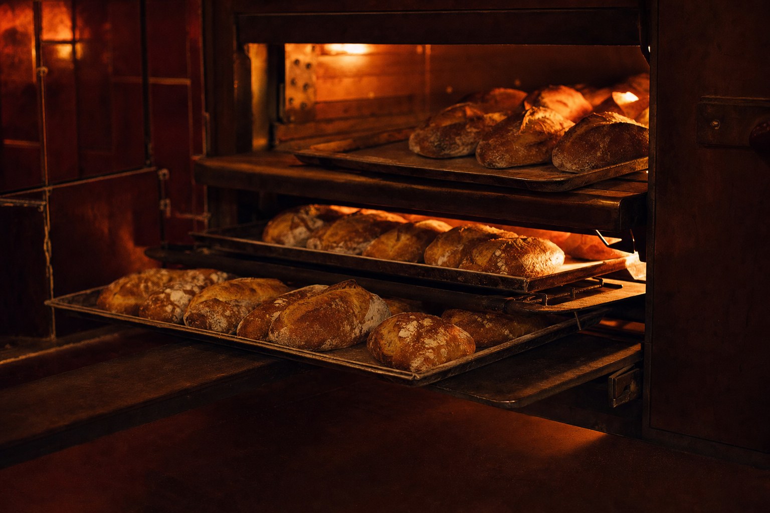 Golden bread trays coming from a bakery oven at night