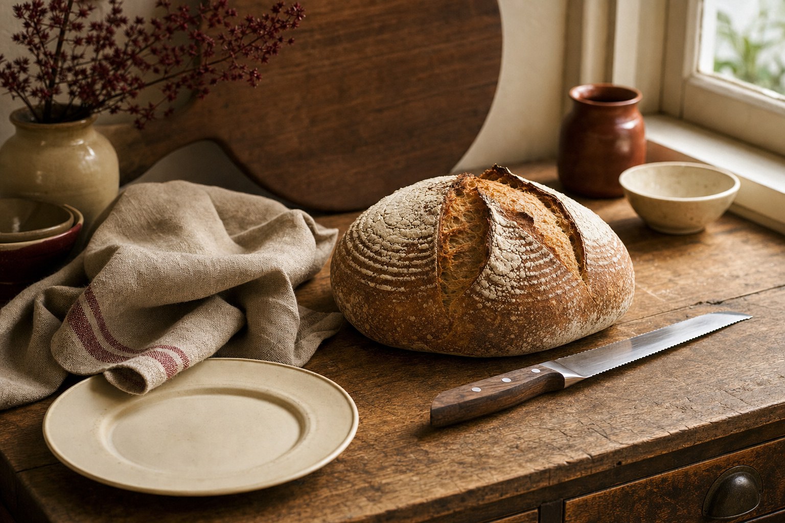 A crusty sourdough loaf beside a folded linen cloth