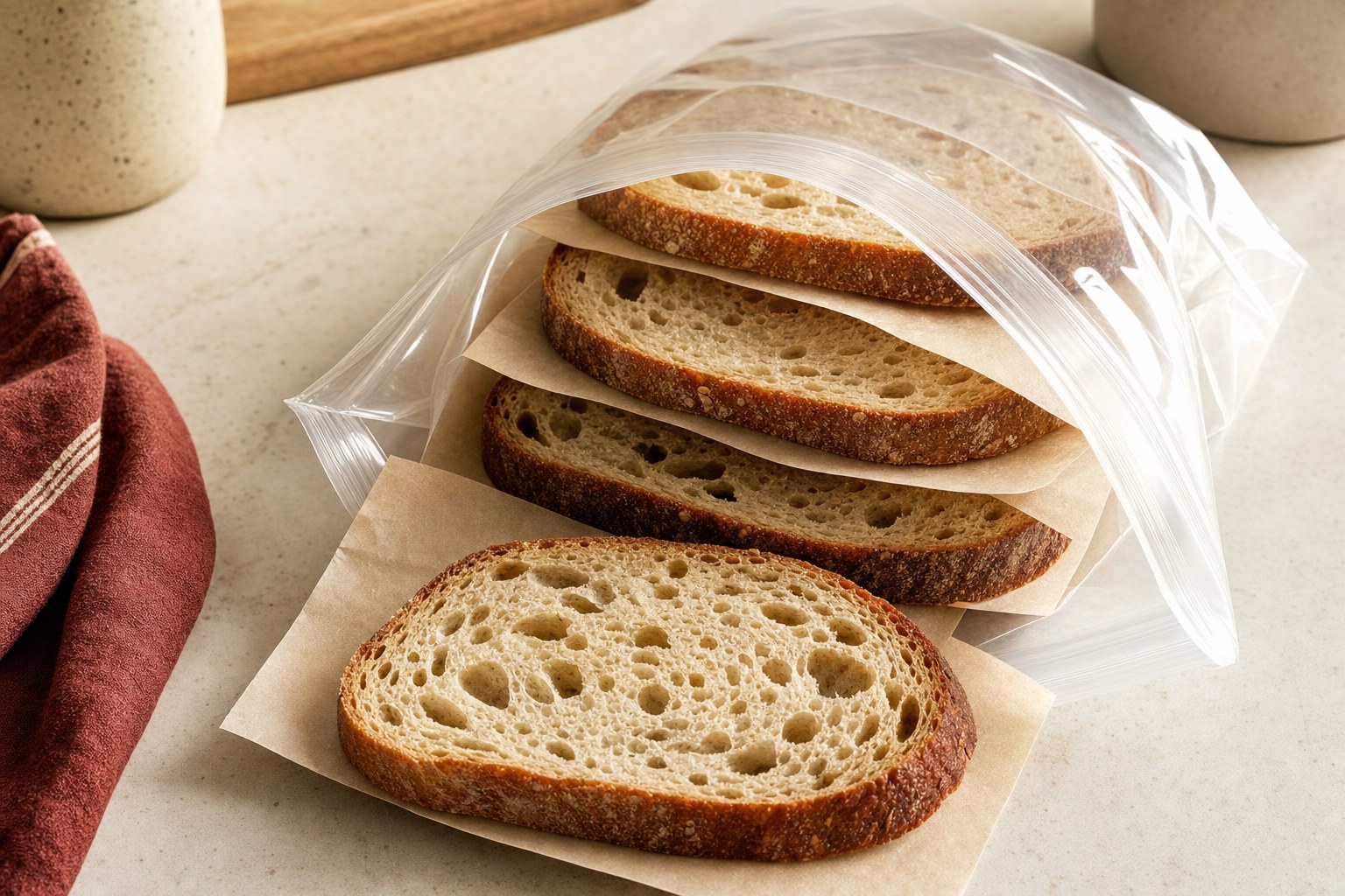 Sourdough slices separated with baking paper in an open freezer bag