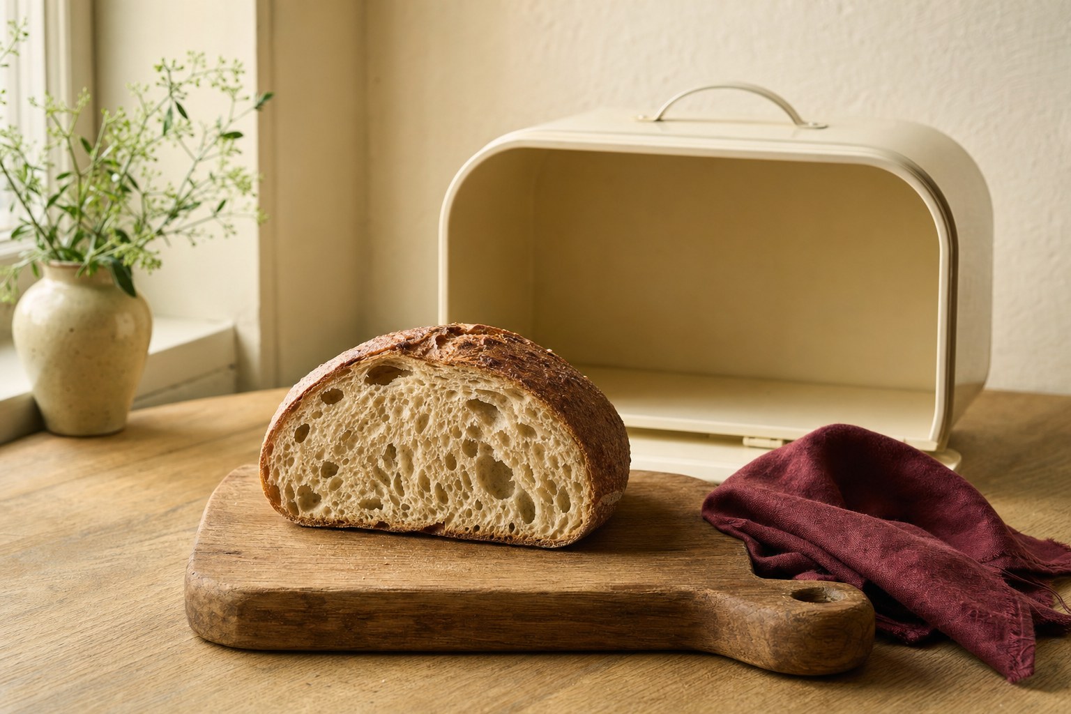 A cut sourdough loaf beside a cream bread bin