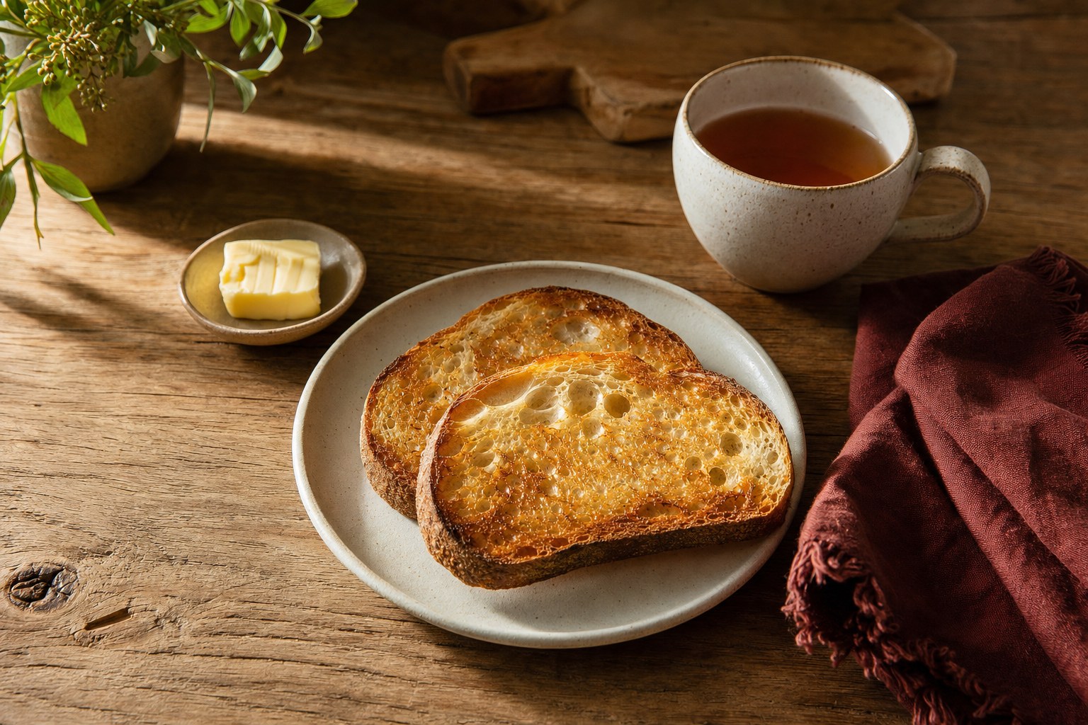 Golden sourdough toast on a ceramic plate with butter and a cup of tea