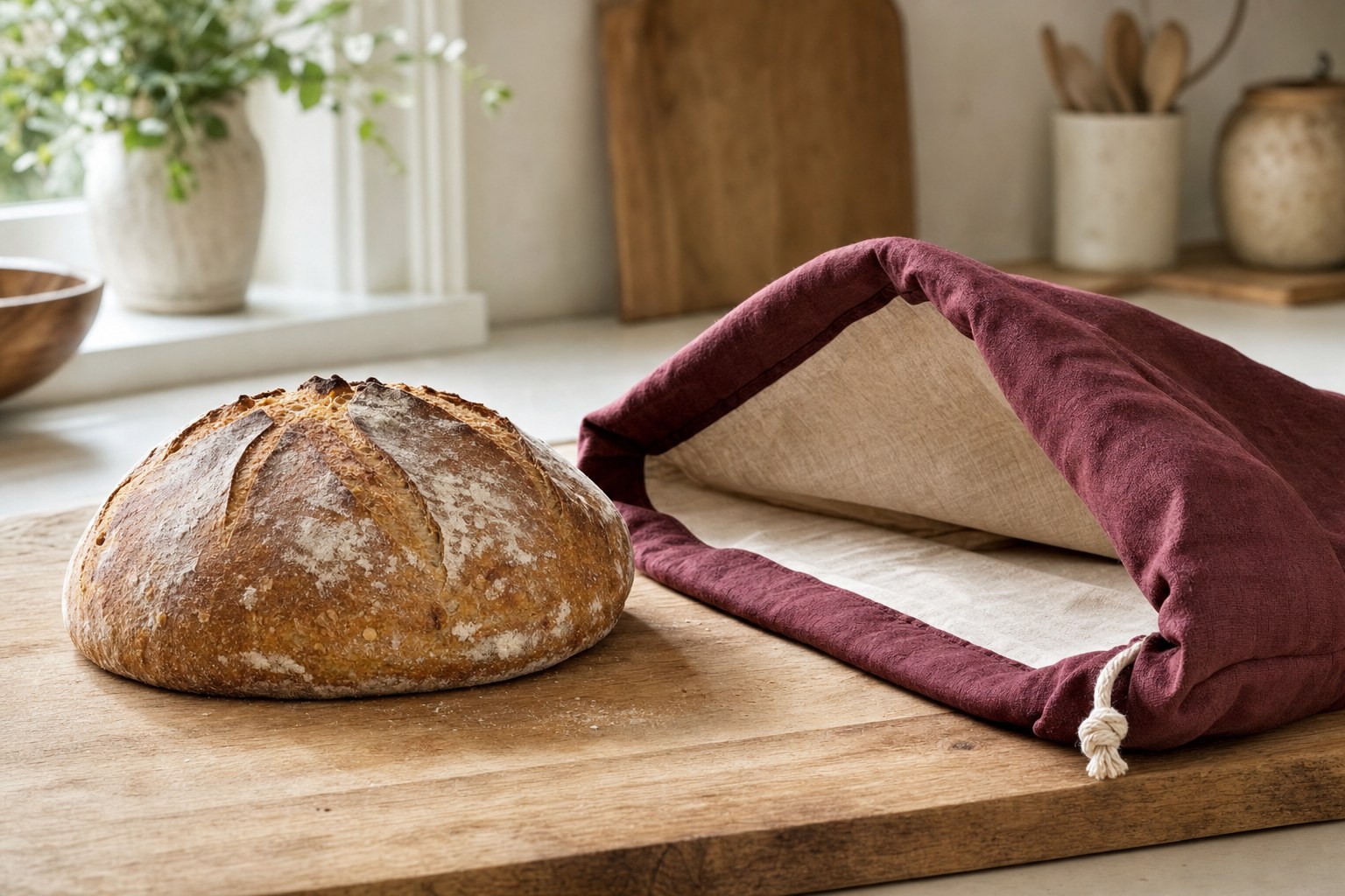 Sourdough stored cut-side down on a board beside an open reusable bag