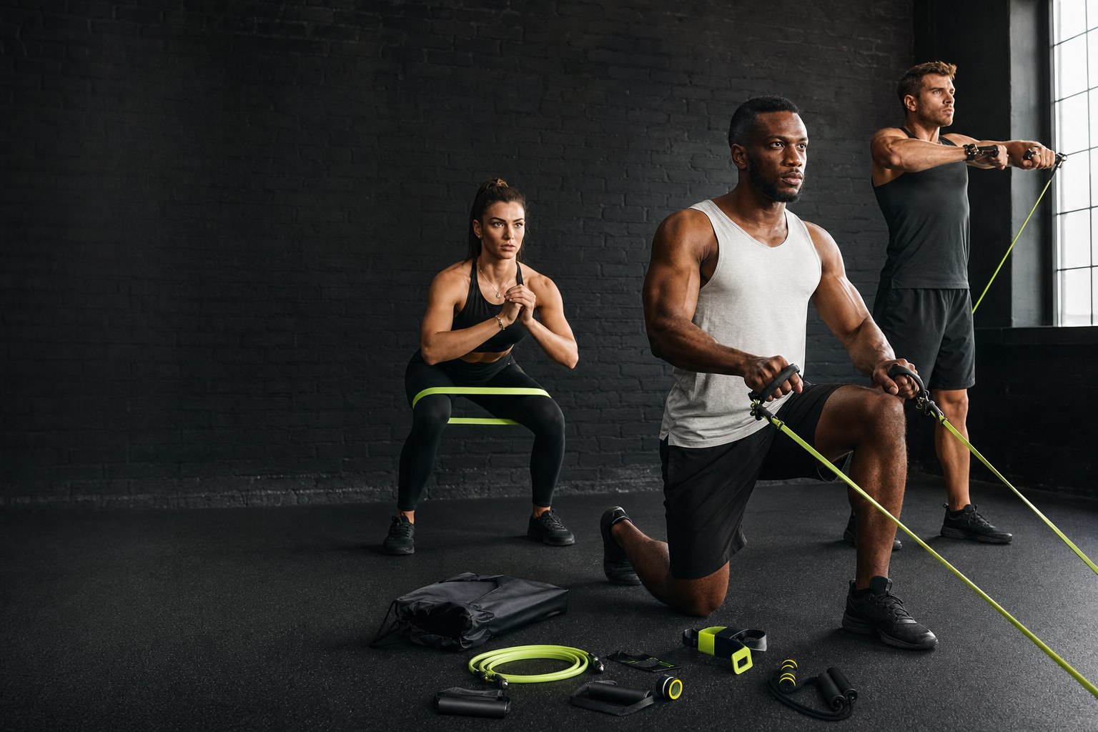 Athletes training with resistance bands in a dark studio