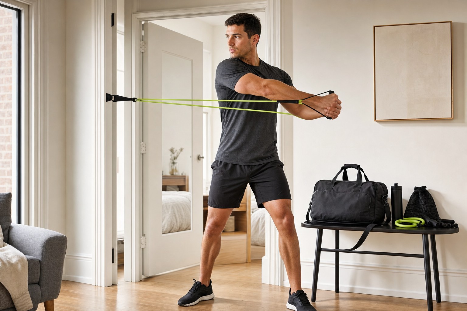Athlete using a resistance band in a bright apartment