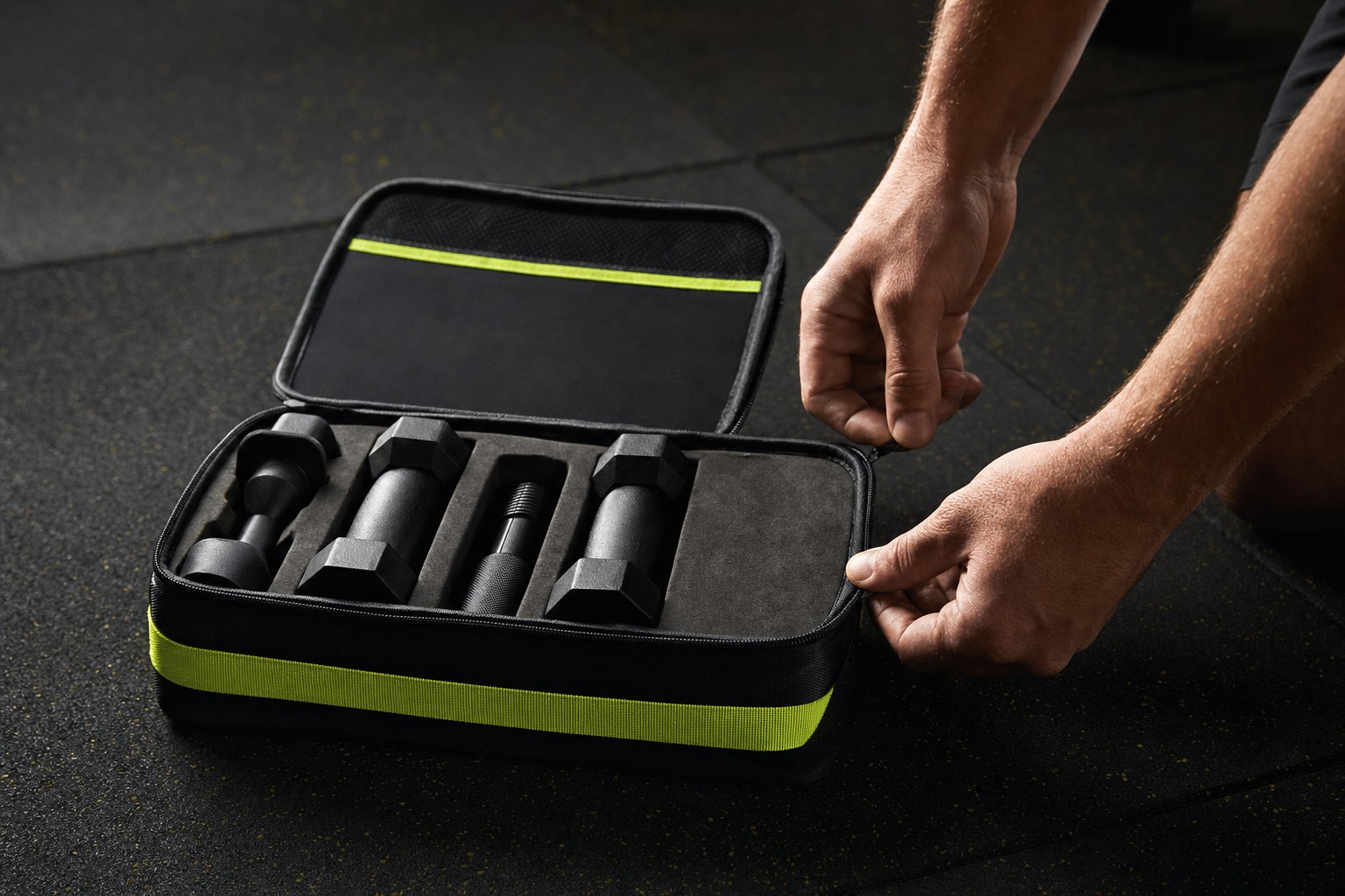 Fitness equipment being packed into a compact black carry case