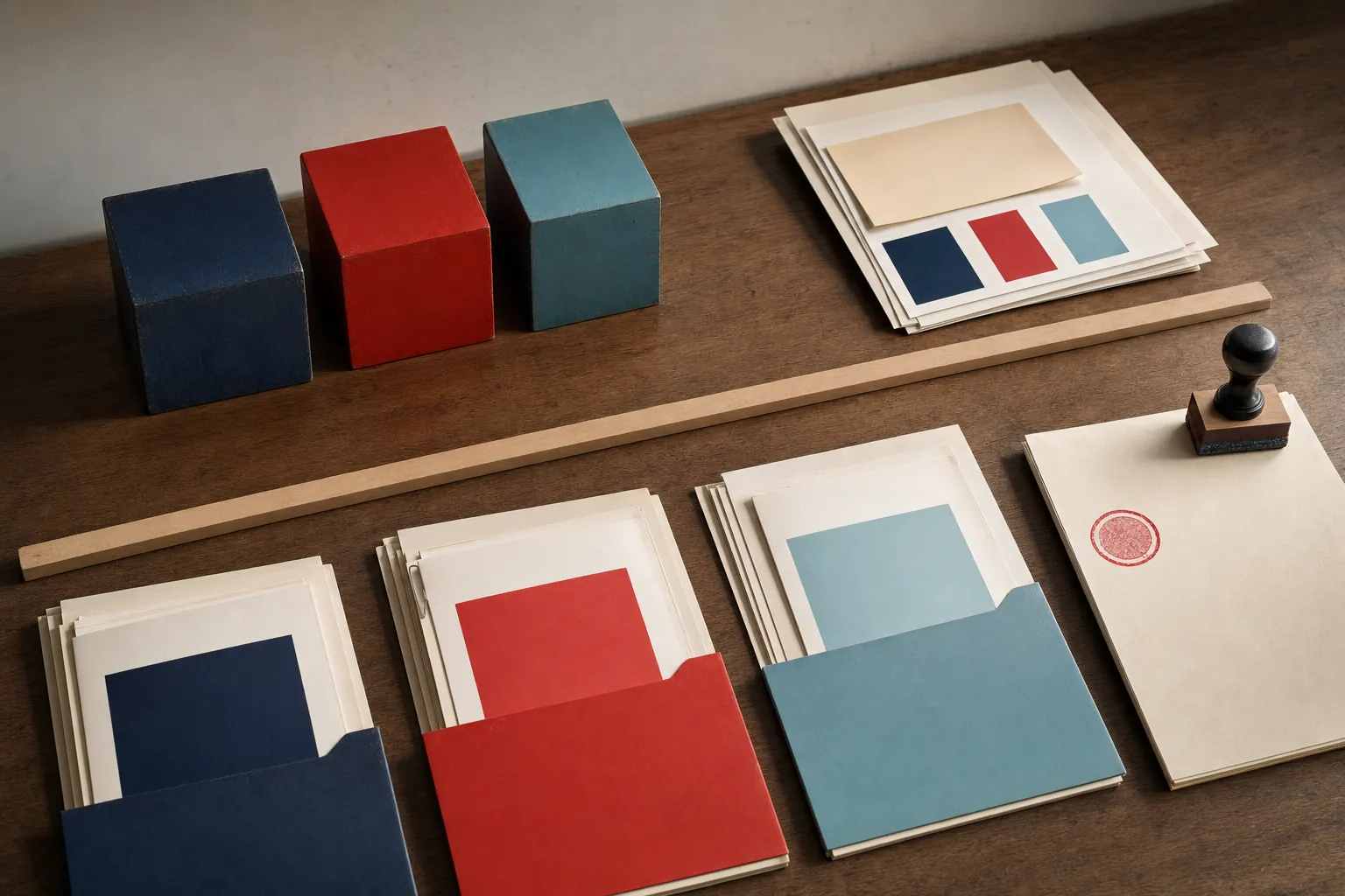 Editorial arrangement of colored brand blocks, approved asset folders, and a stamp representing brand governance