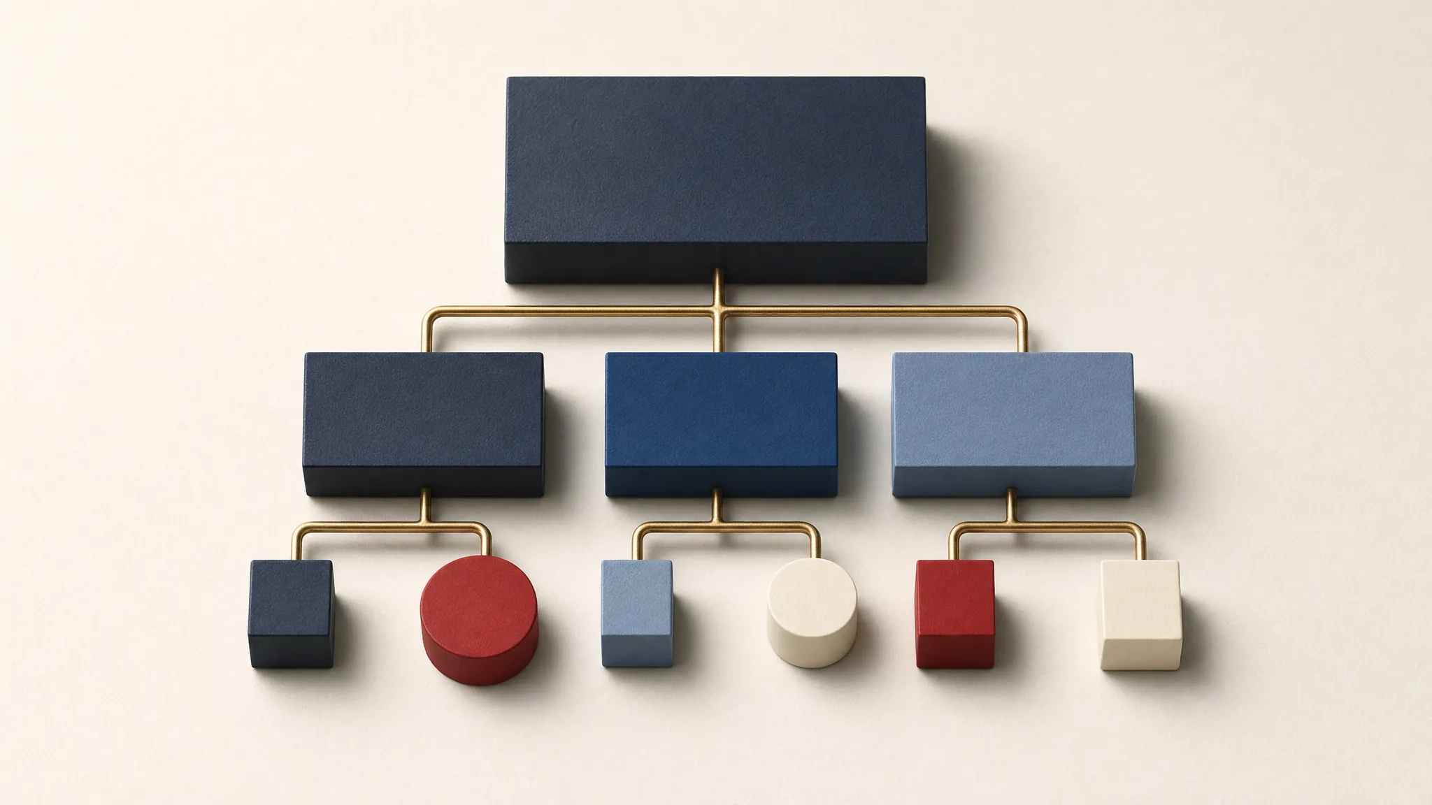 Abstract physical brand hierarchy with parent, sub-brand, and product blocks connected in a clear structure