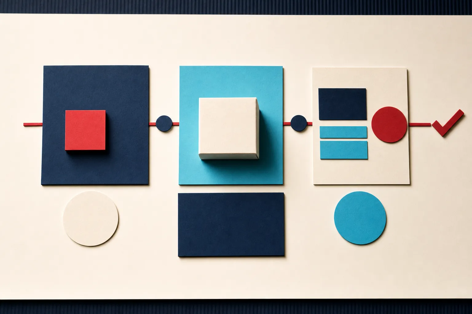 Physical planning board with connected navy, cyan, red, and cream shapes representing a promise carried through delivery