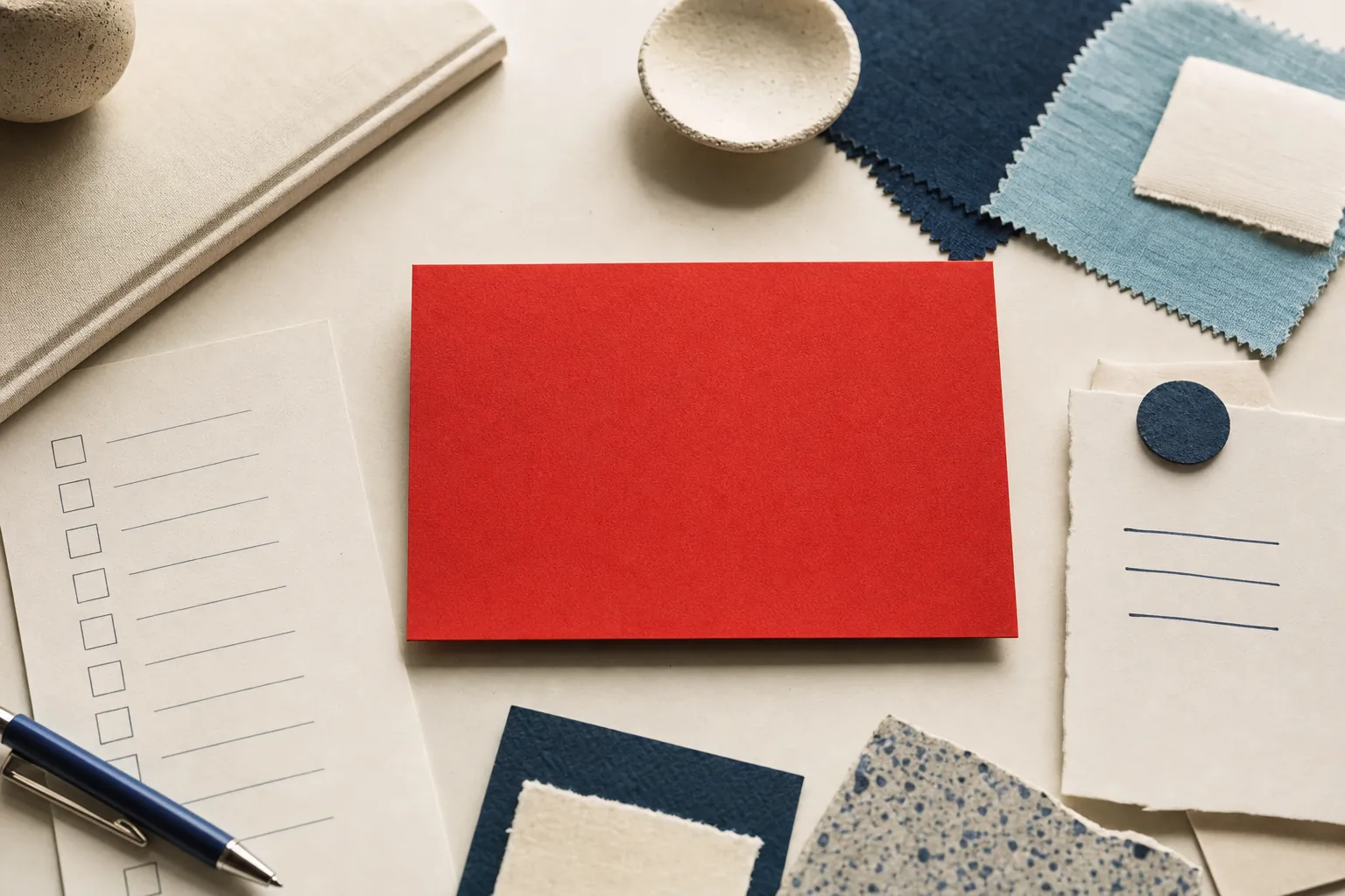 Editorial still life of a red purpose card, customer checklist, and blue material swatches