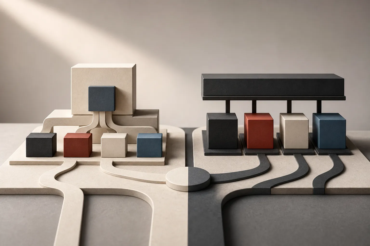 Abstract brand architecture blocks comparing a unified branded house with independent house of brands
