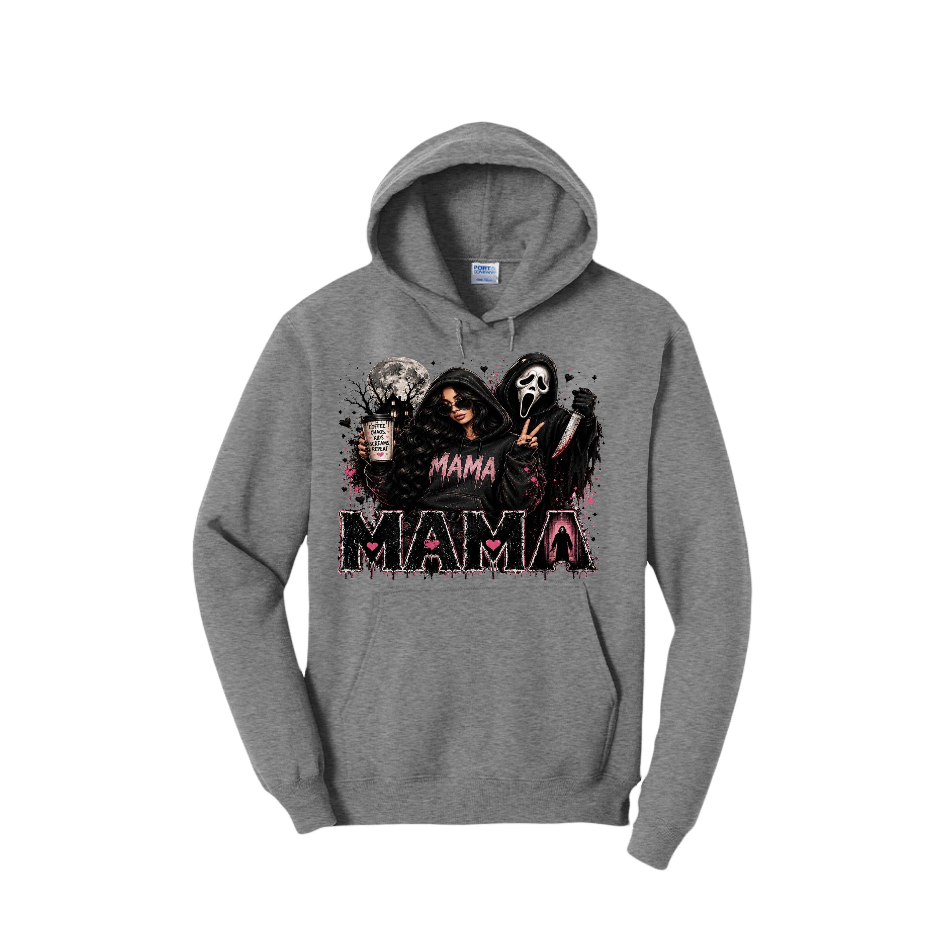 Coffee, Chaos & Screams – Ghostface Inspired Mama Hoodie 🖤🩷