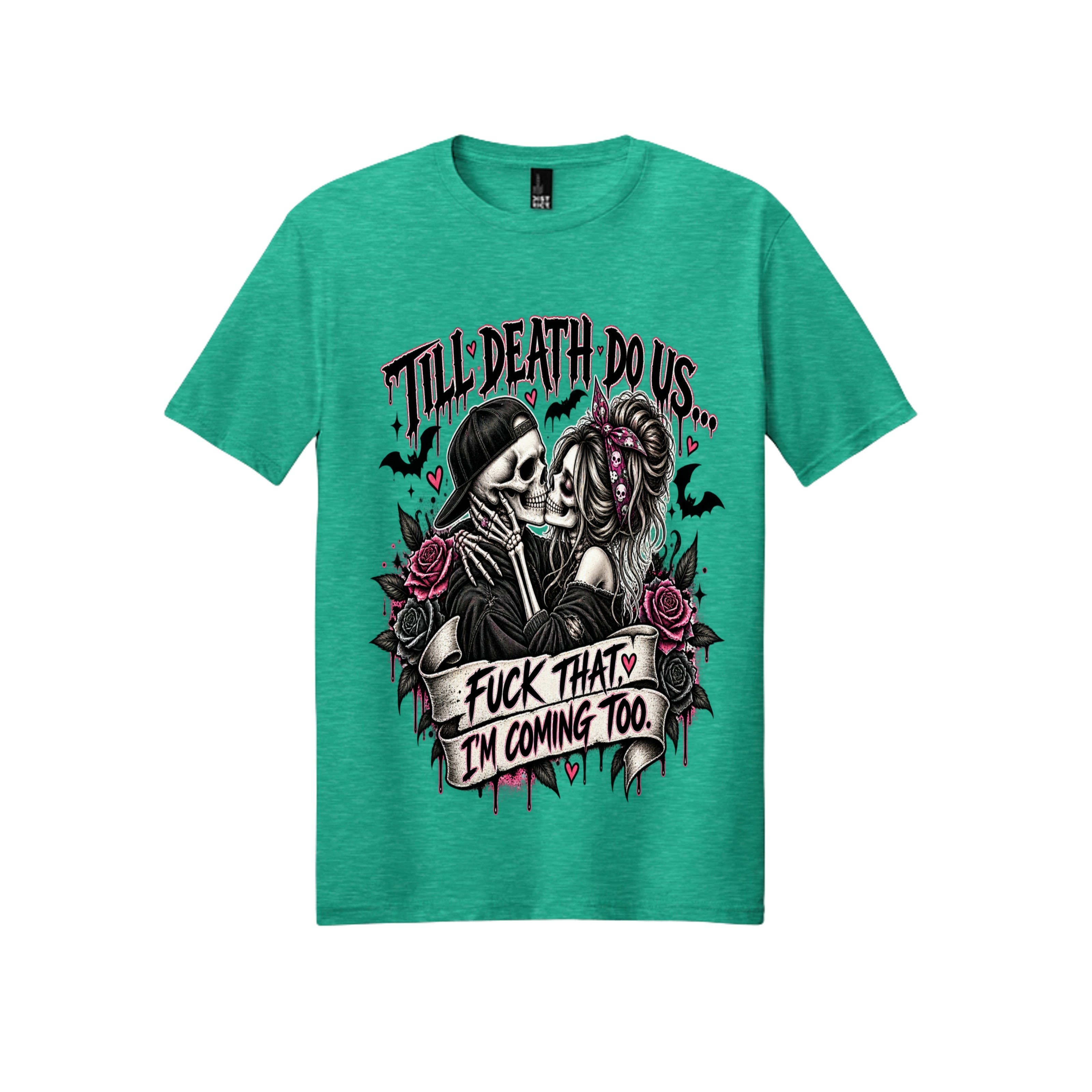 Gothic skeleton couple graphic tee with a dark romantic design