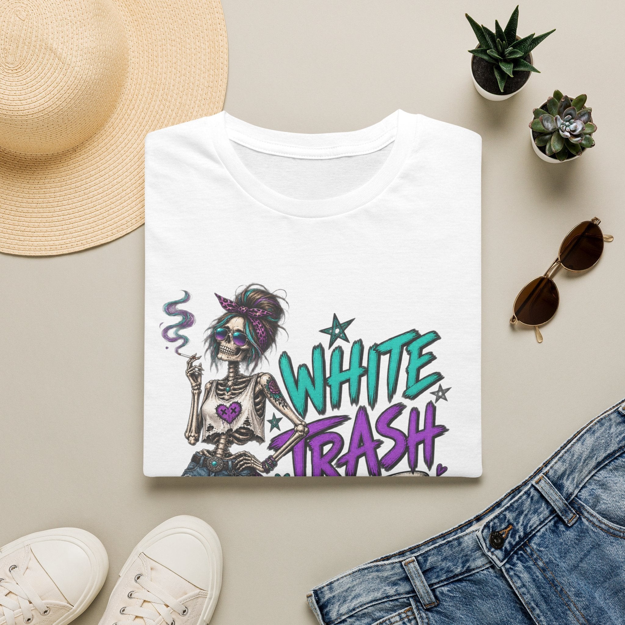 White Trash But Still Breathing β Teal & Purple Skeleton Graphic Tee