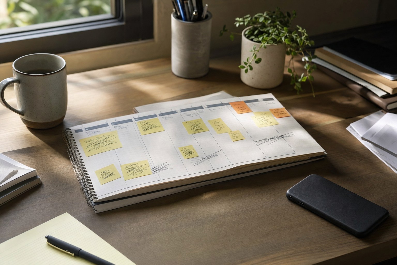 A weekly planner and notes on a home desk, representing competing demands
