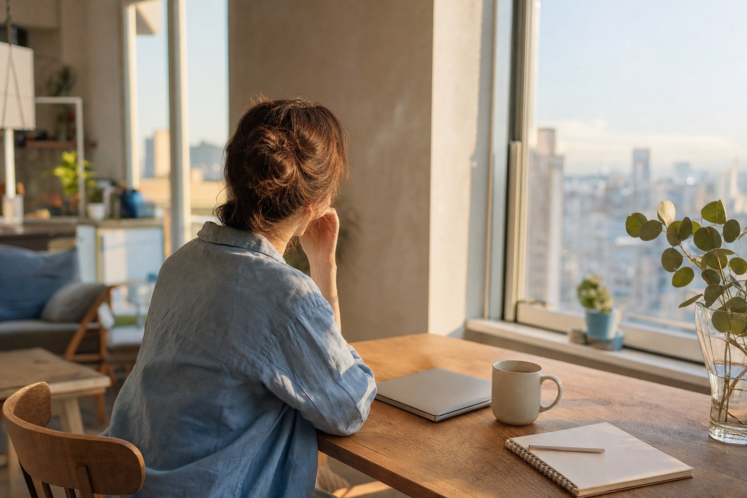 A person sitting quietly at a table beside a sunny window