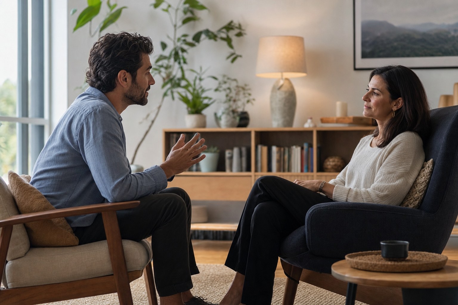 Two adults having a calm, attentive conversation in a comfortable room