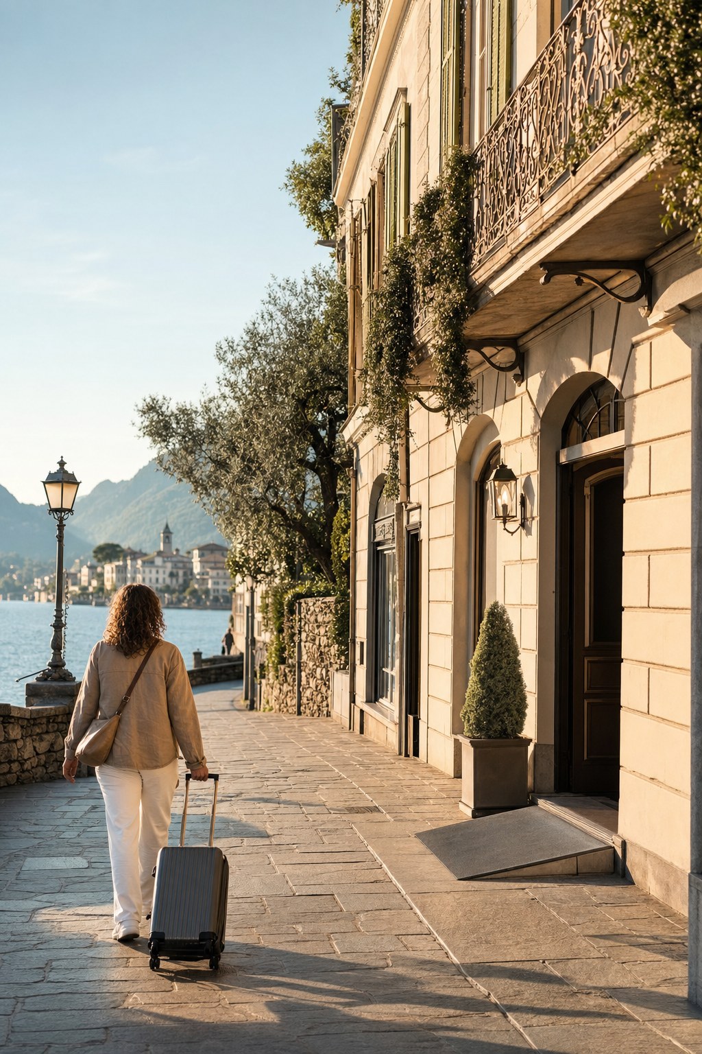 Traveler walking beside a European waterfront with a suitcase