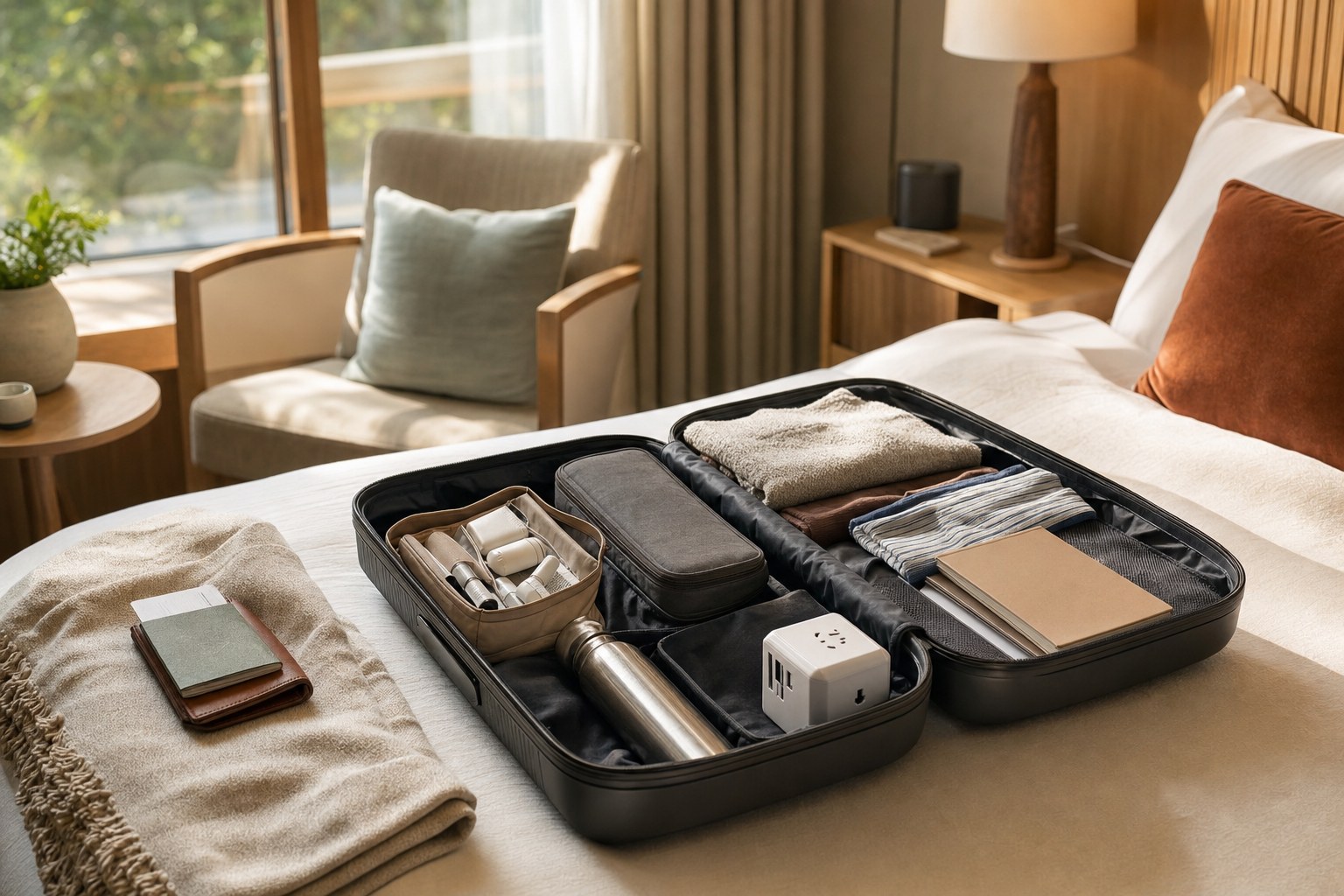 Open carry-on with thoughtfully organized travel essentials on a hotel bed