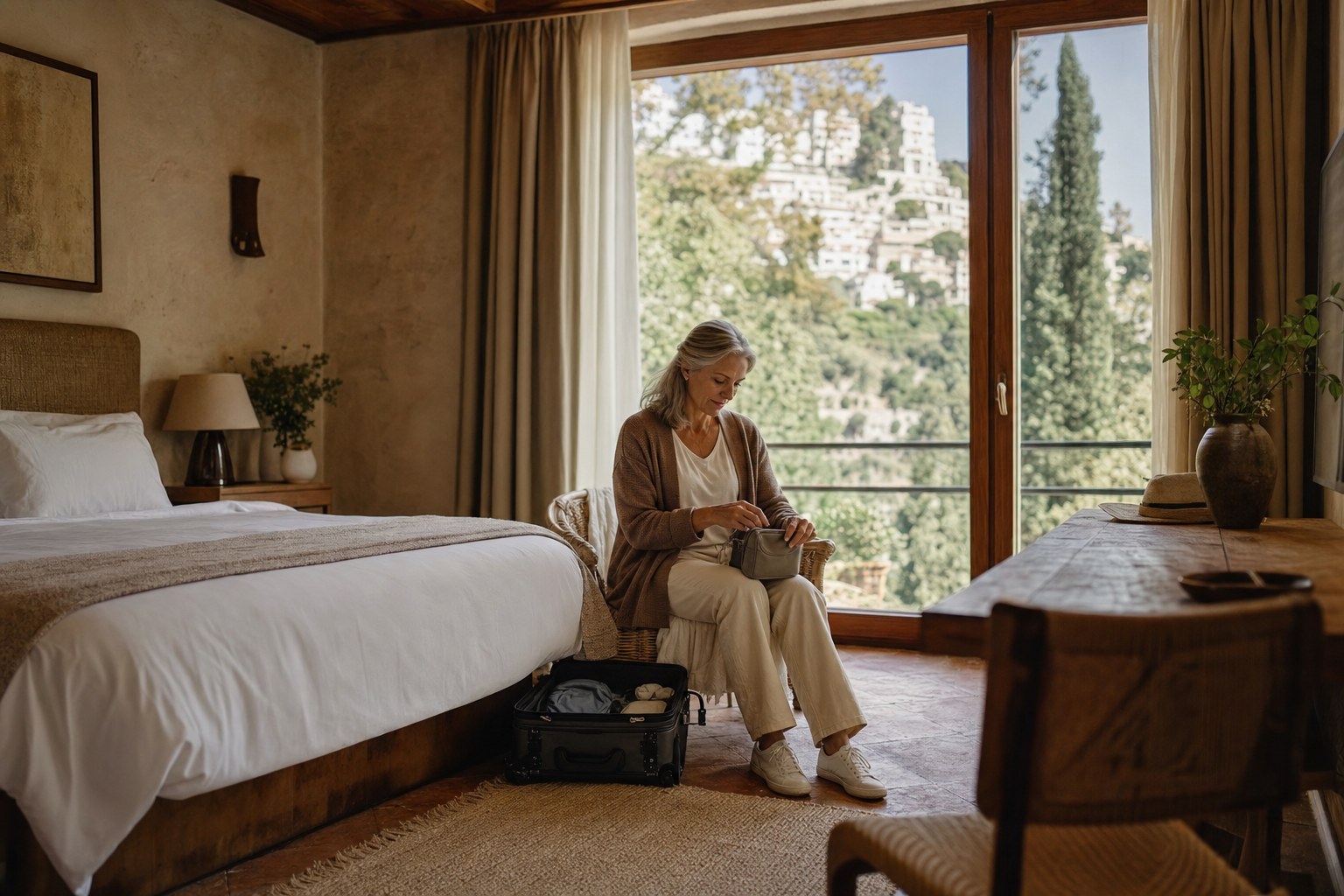 Traveler preparing a compact bag in a sunlit hotel room