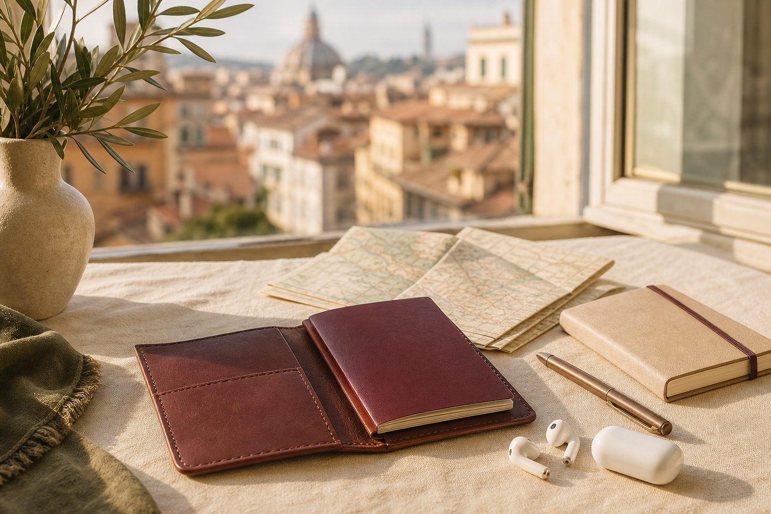 Travel planning materials beside a European city view