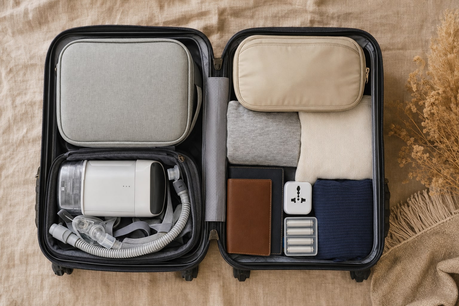 A carry-on bag carefully arranged with travel and health essentials