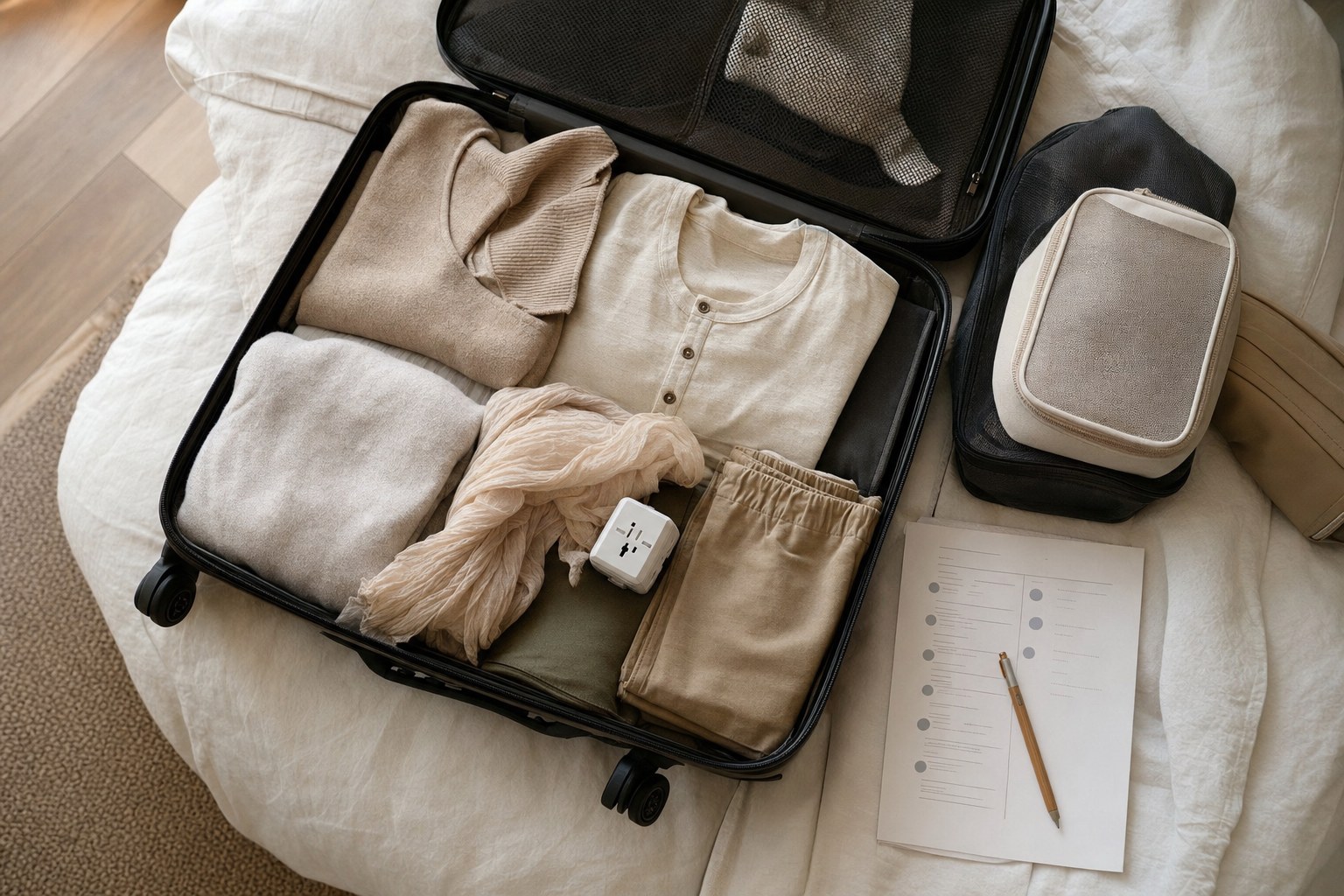 Open suitcase organized with neutral clothing, packing cubes, and a travel adapter