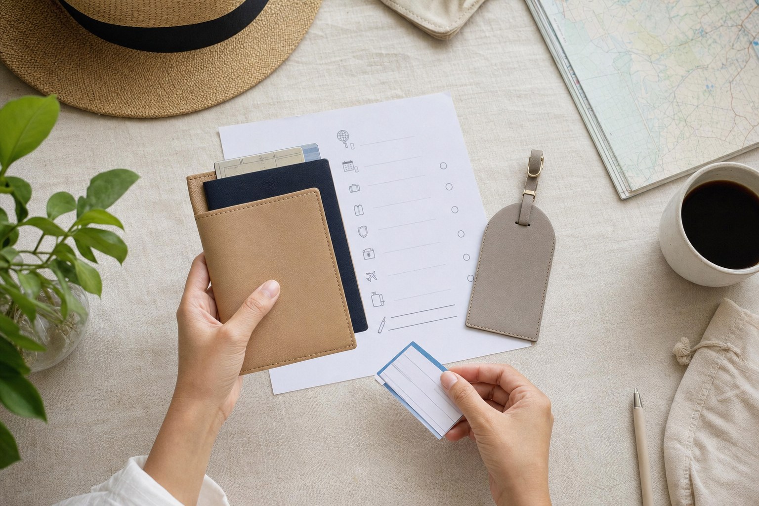 Traveler organizing a passport wallet and document checklist