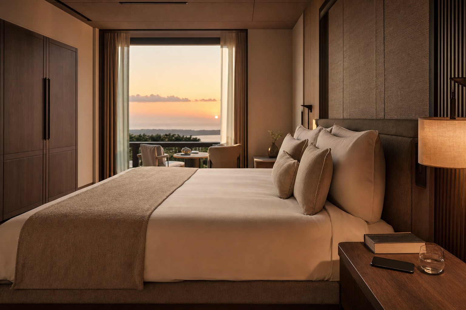 High-end hotel bedroom with a phone turned face down on the bedside table
