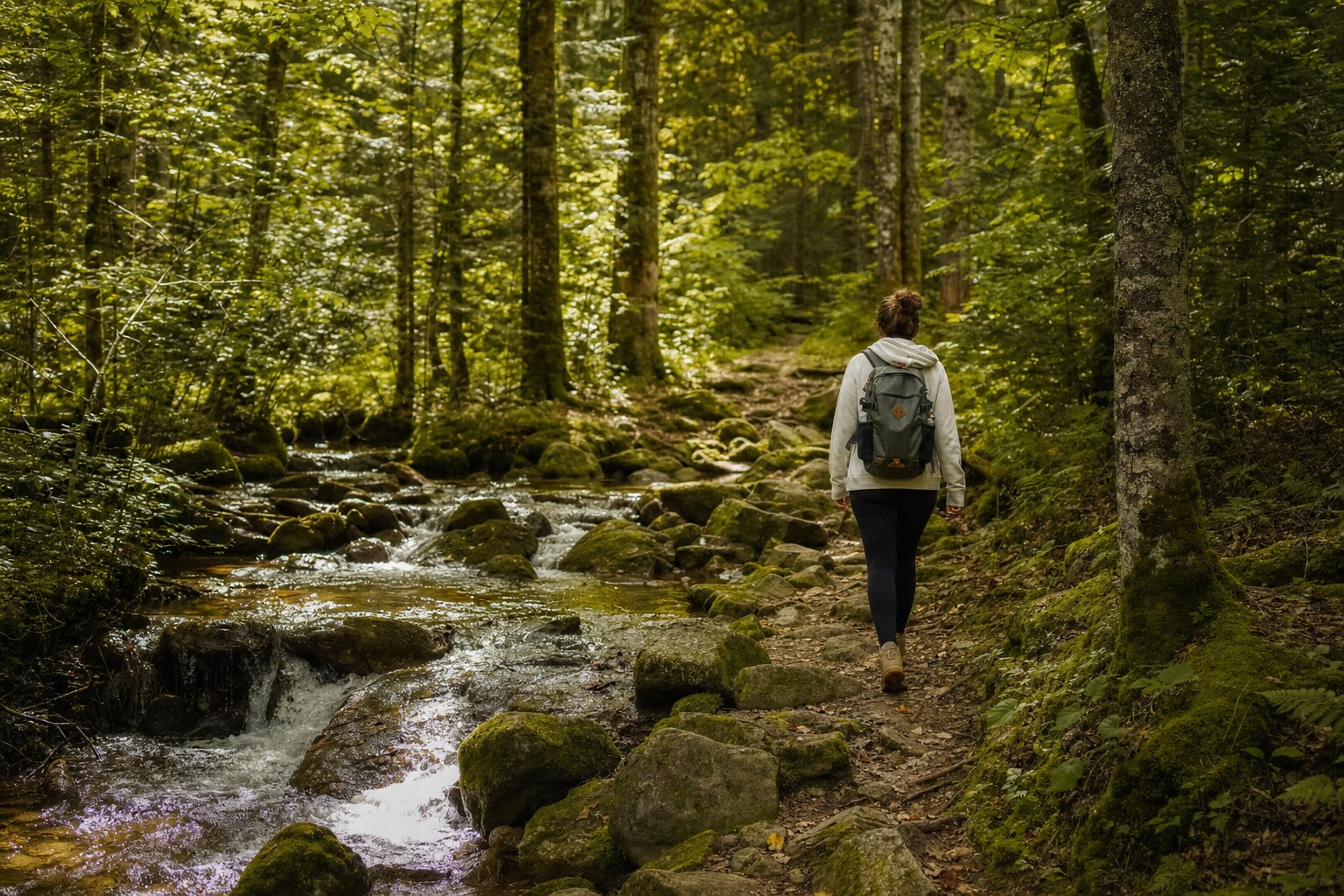 Solo traveler walking slowly beside a forest stream