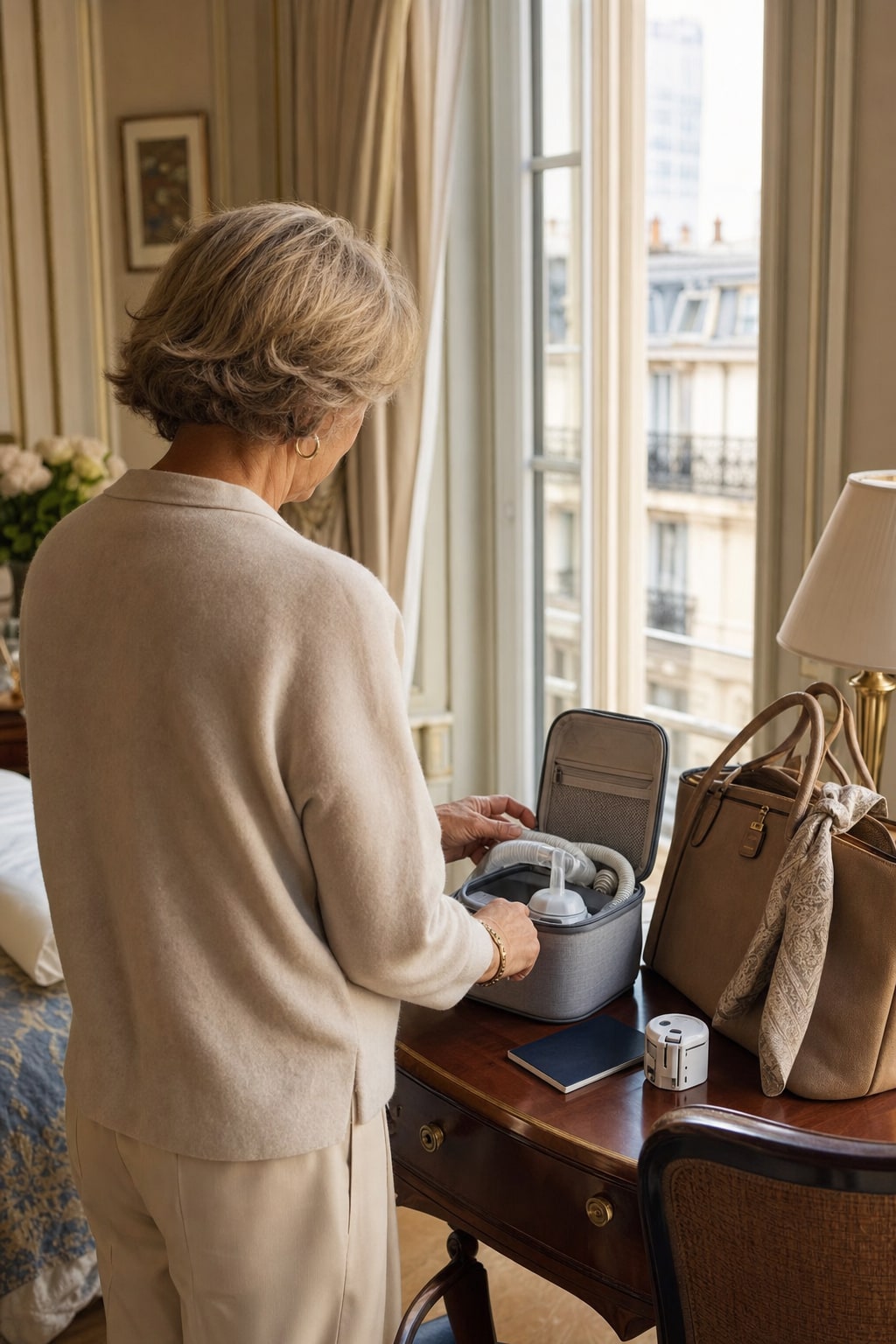 Traveler organizing essential health equipment before a journey