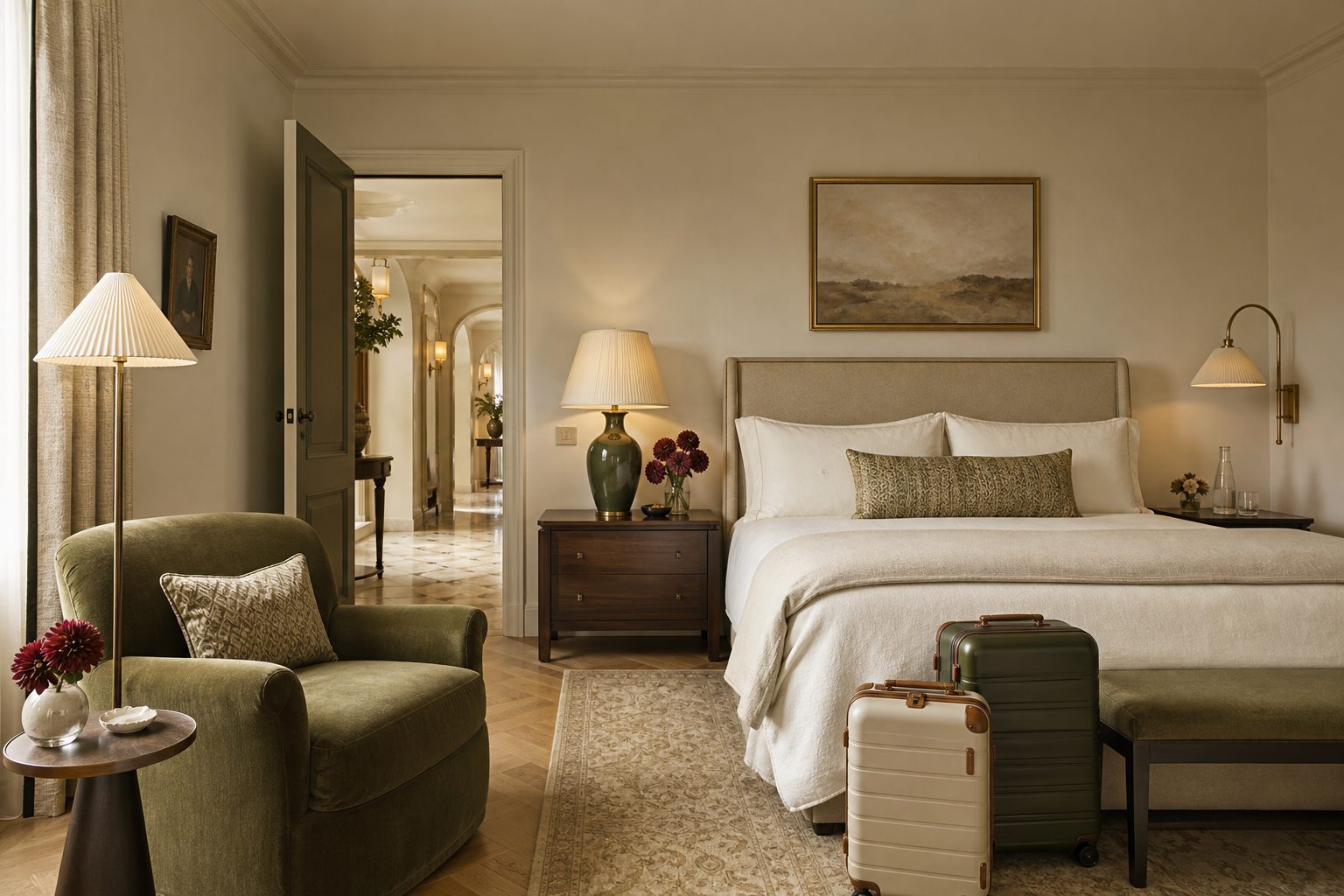Warm hotel guest room prepared for out-of-town wedding guests