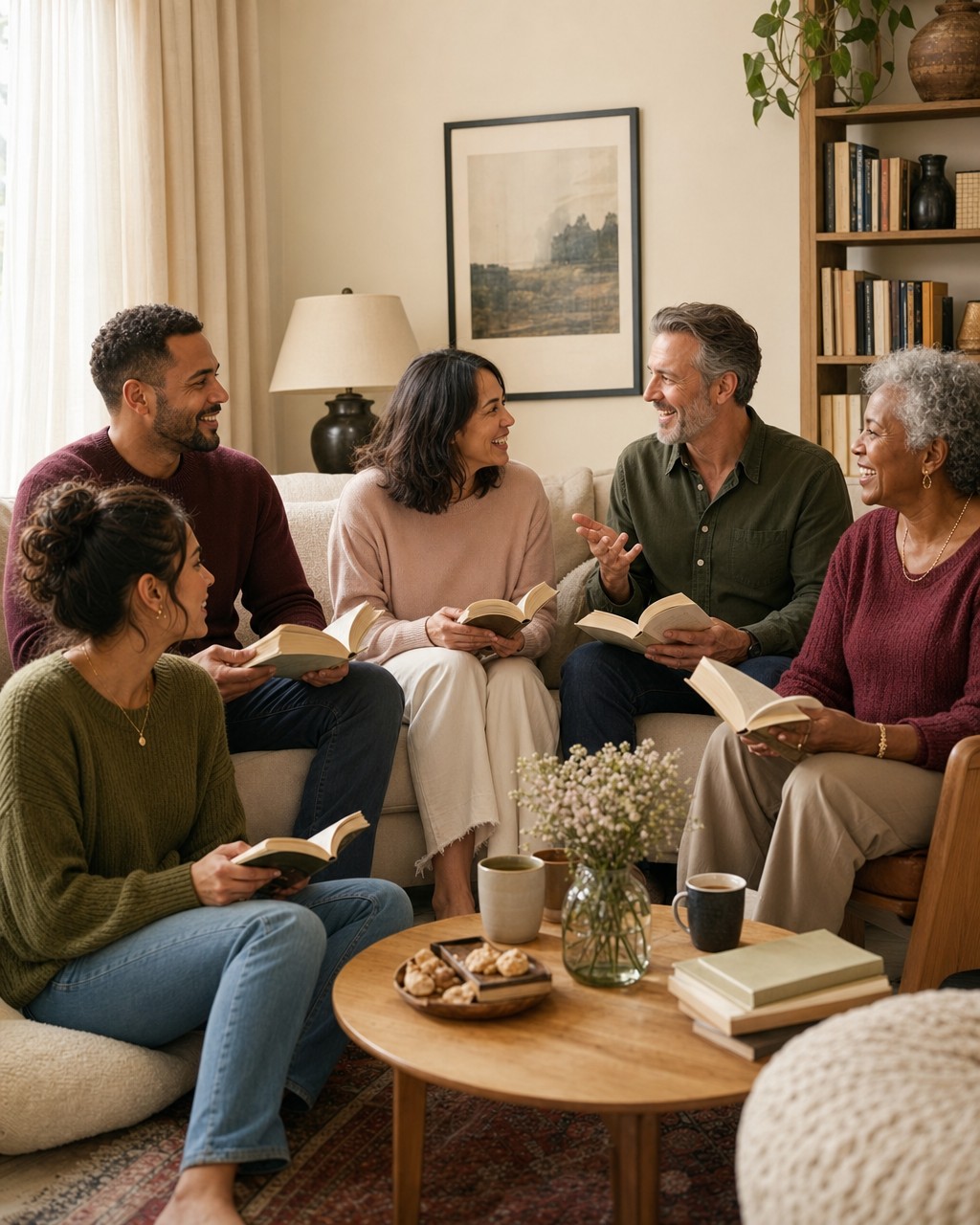 Illustration of adults across generations enjoying a relaxed book club discussion