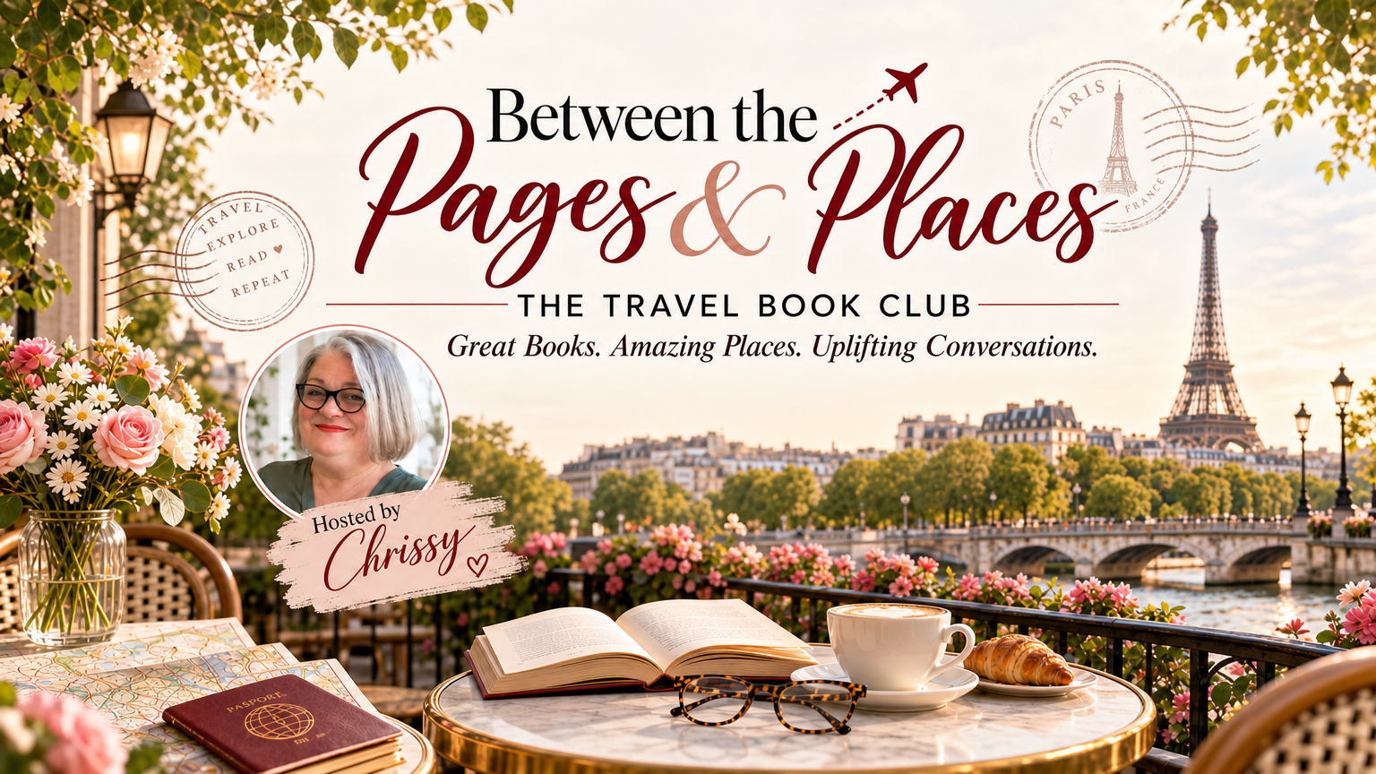 Between the Pages & Places travel book club, with Chrissy, a Paris café, books, and the Eiffel Tower