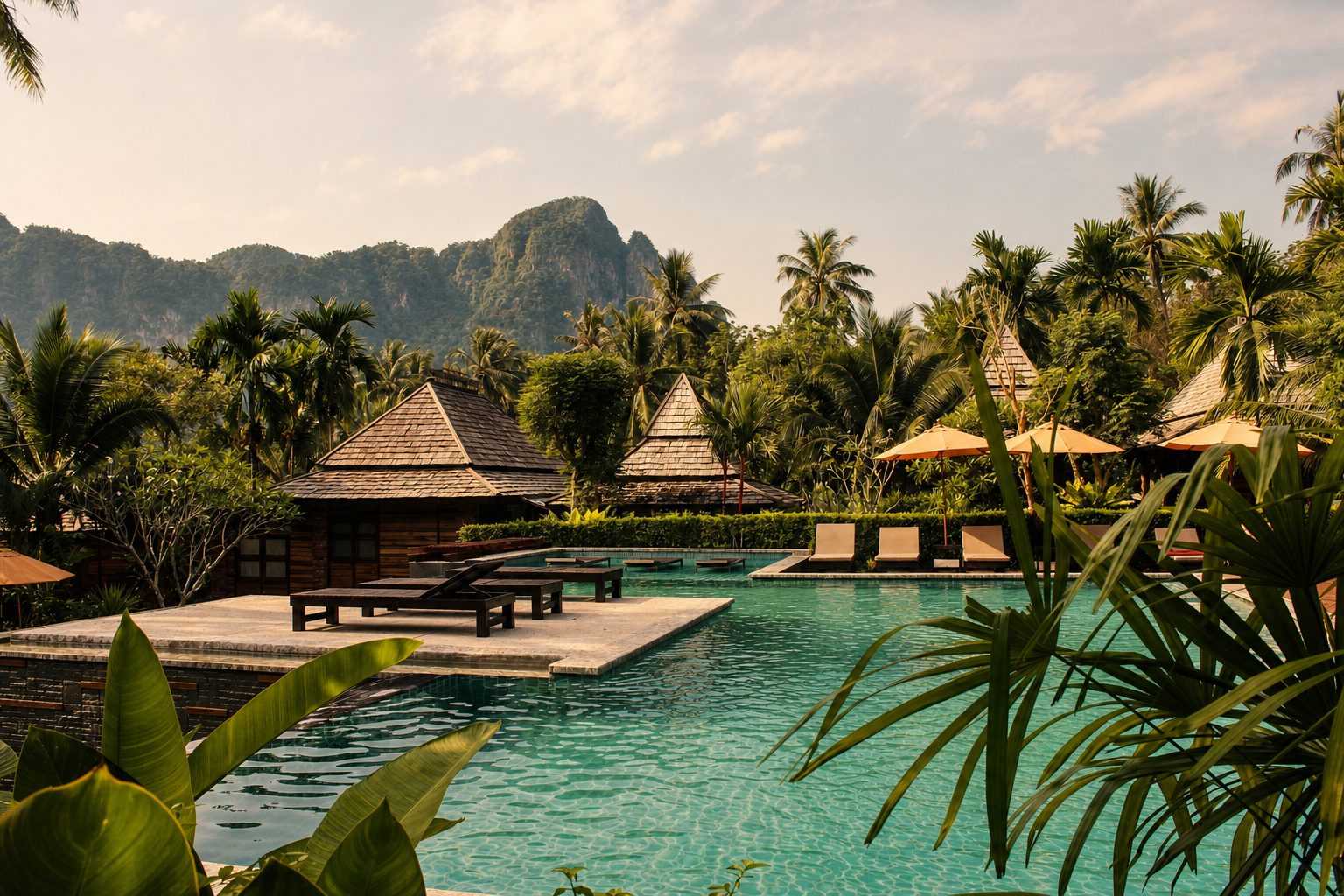 Tropical pool surrounded by palms and mountains
