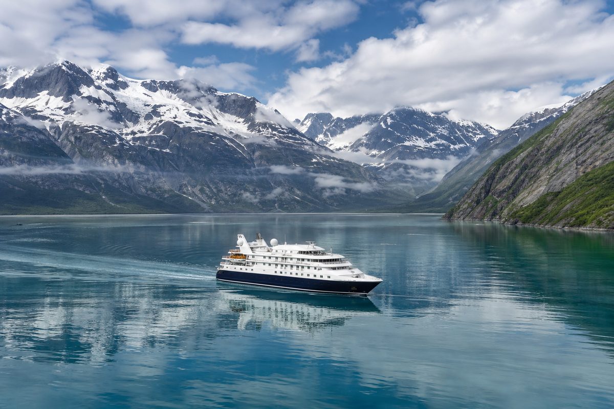 Small cruise ship in an Alaska fjord beneath snowy mountains