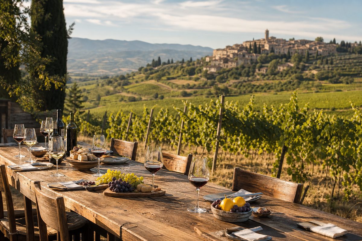 Wine table overlooking Italian vineyards and a hill town