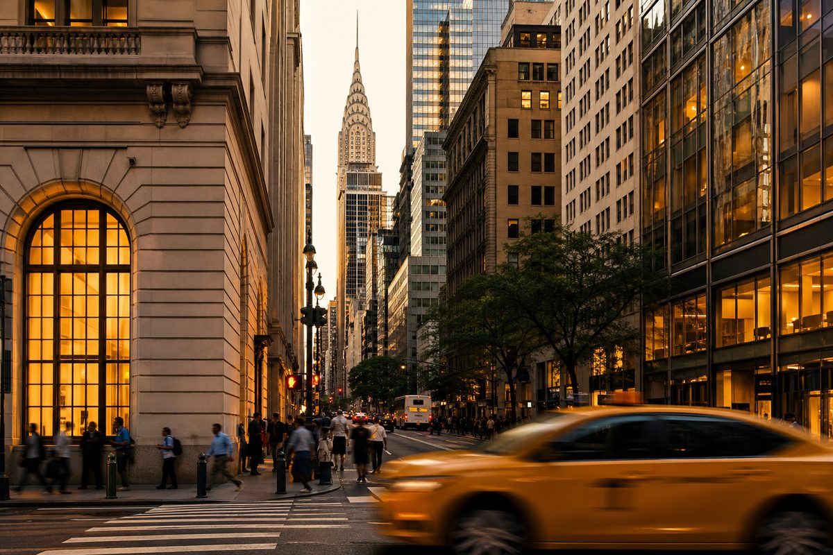 Midtown East street at golden hour with the Chrysler Building