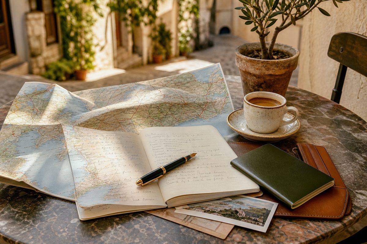 Map, travel notebook and espresso on a European cafe table