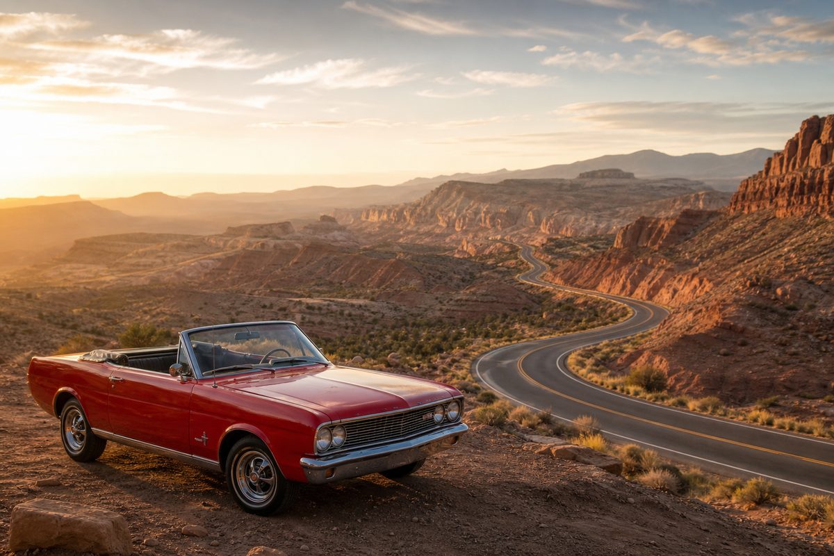 Classic red convertible at a Southwest road-trip overlook