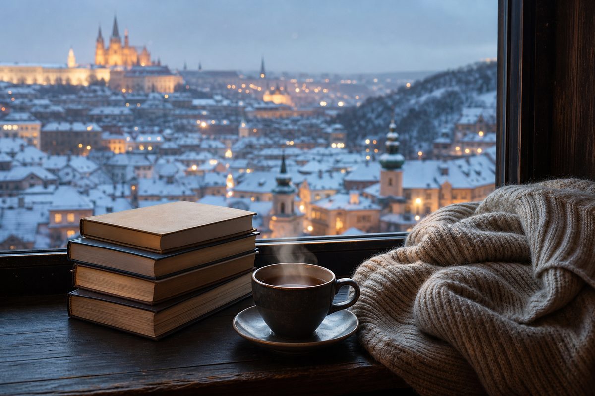 Travel books, tea and a knit throw overlooking a snowy city