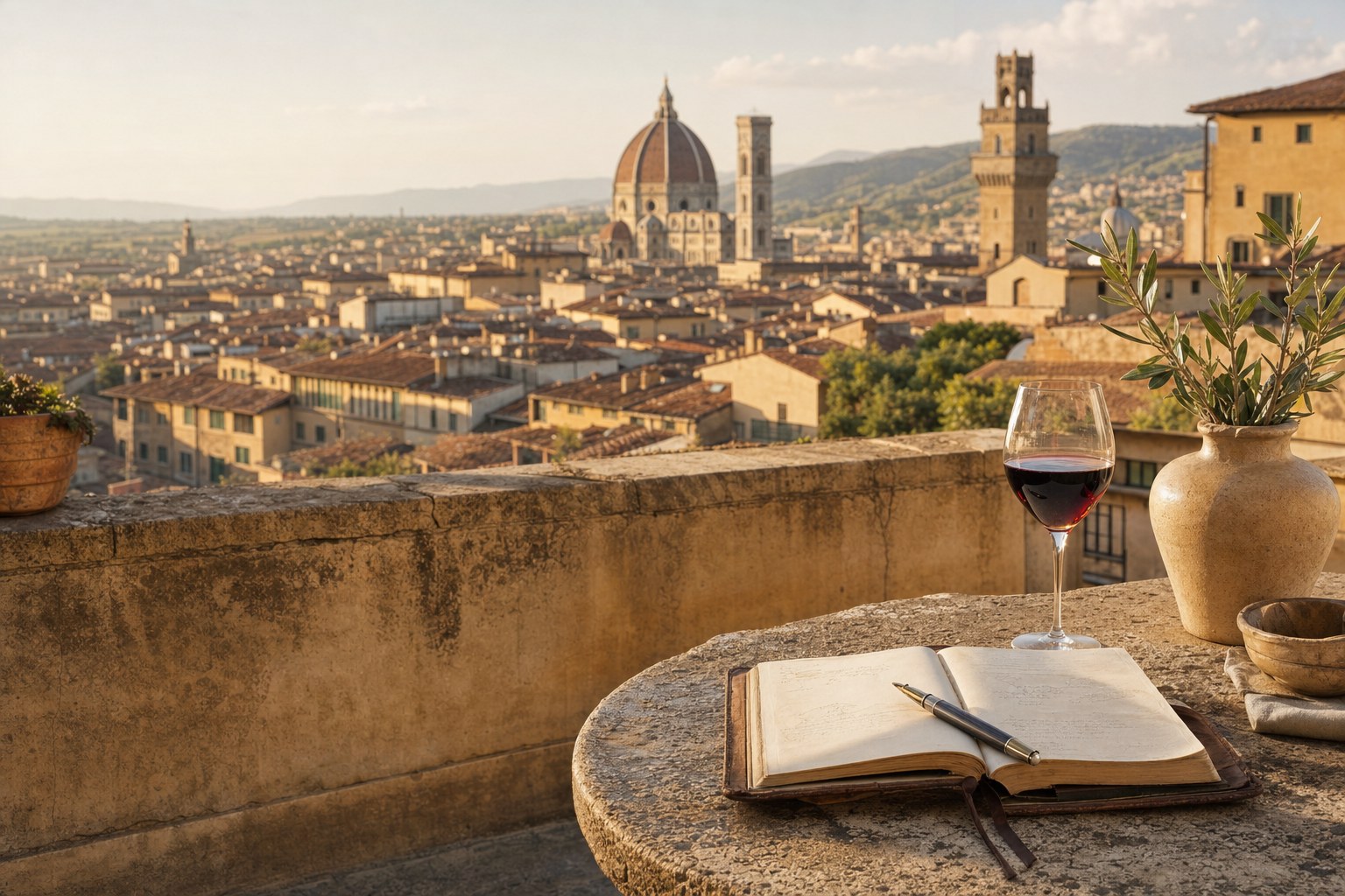 Sunlit terrace overlooking Florence with a travel journal and wine