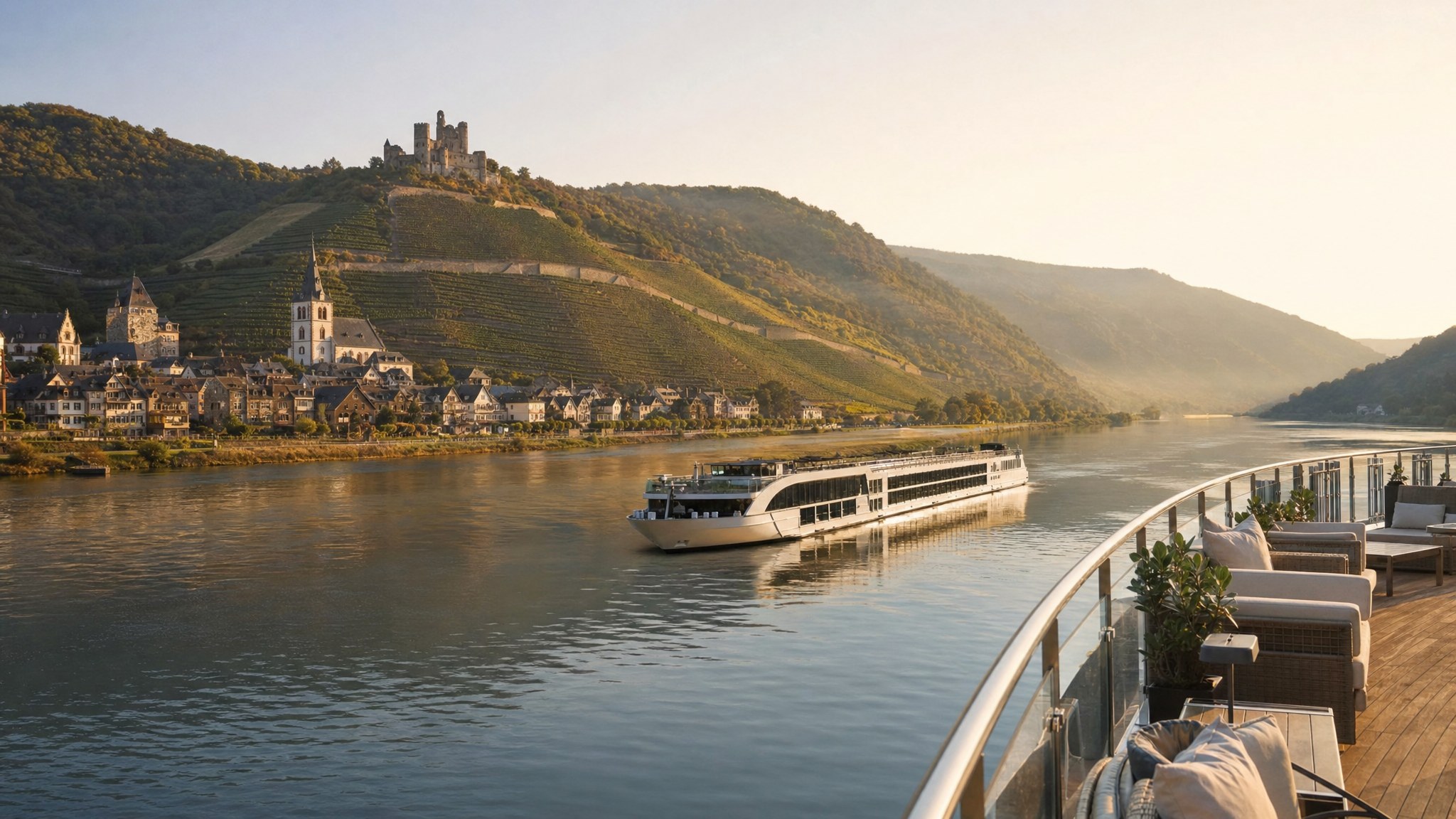 River ship sailing through a vineyard-lined European valley