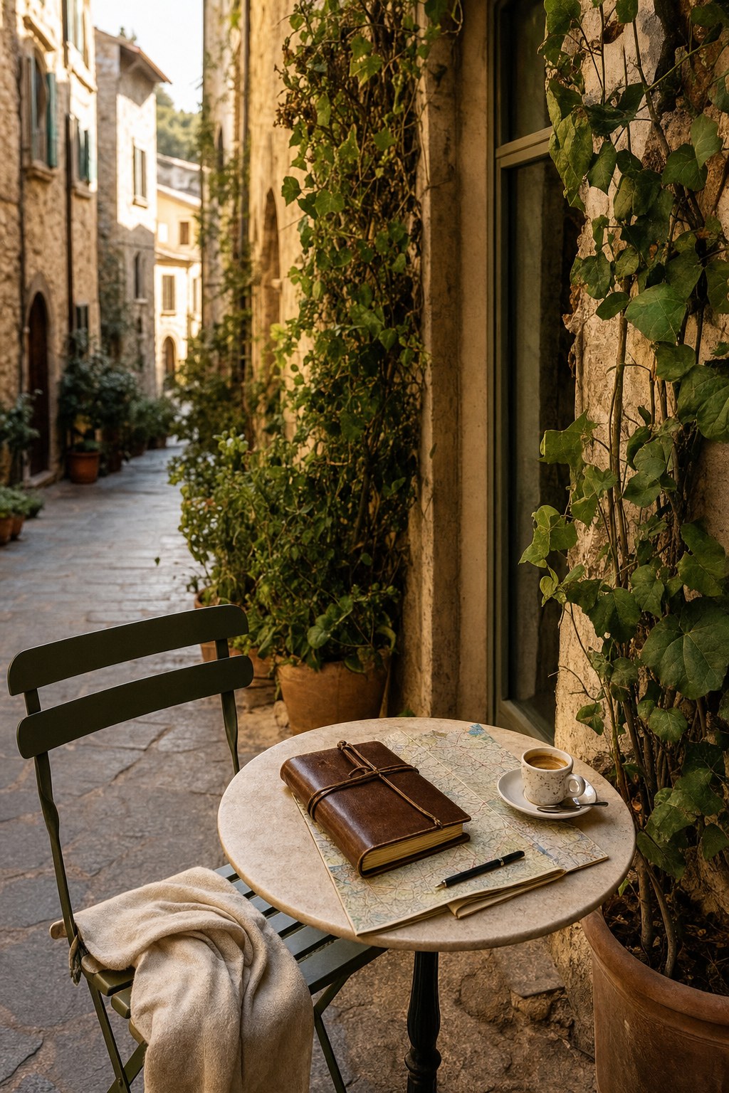 Cafe table with a travel notebook and map on a quiet European lane